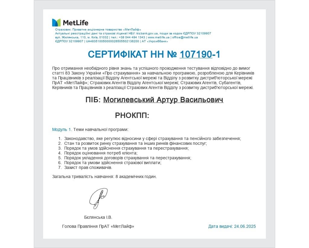 Сертифікат HH №107190-1