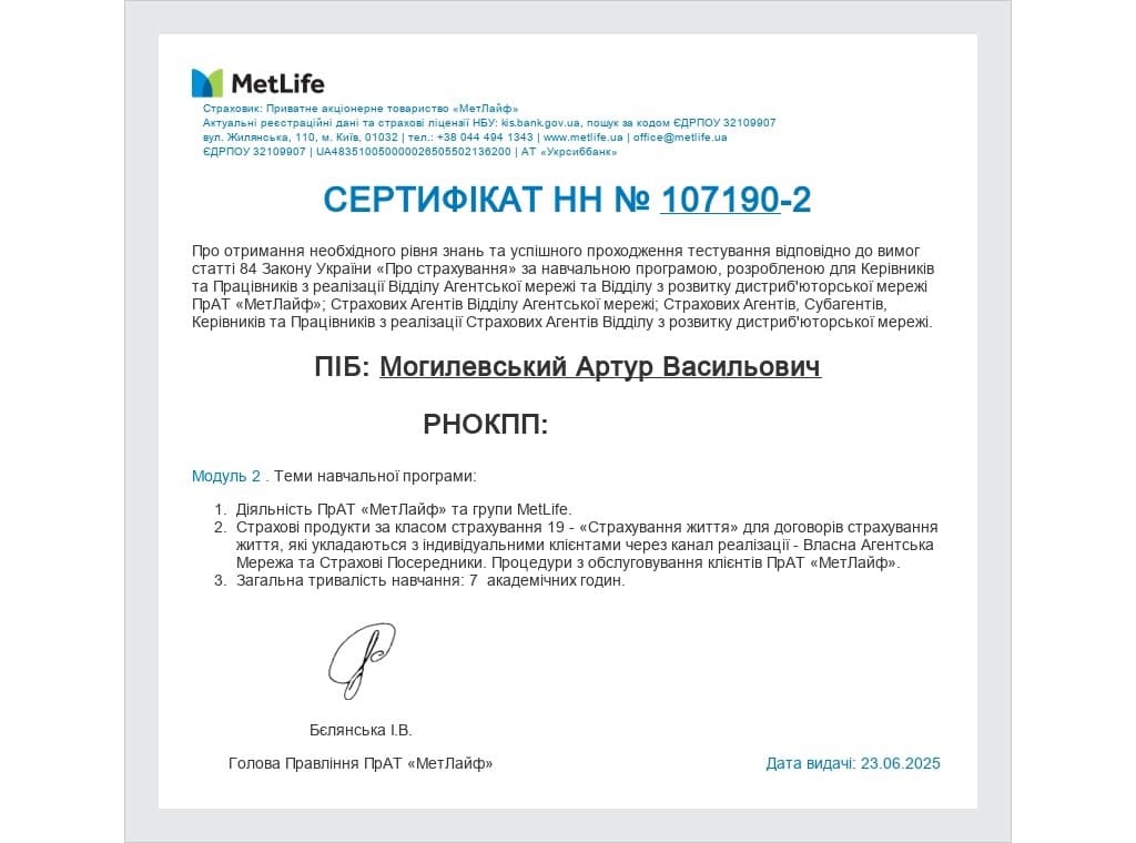 Сертифікат HH №107190-2